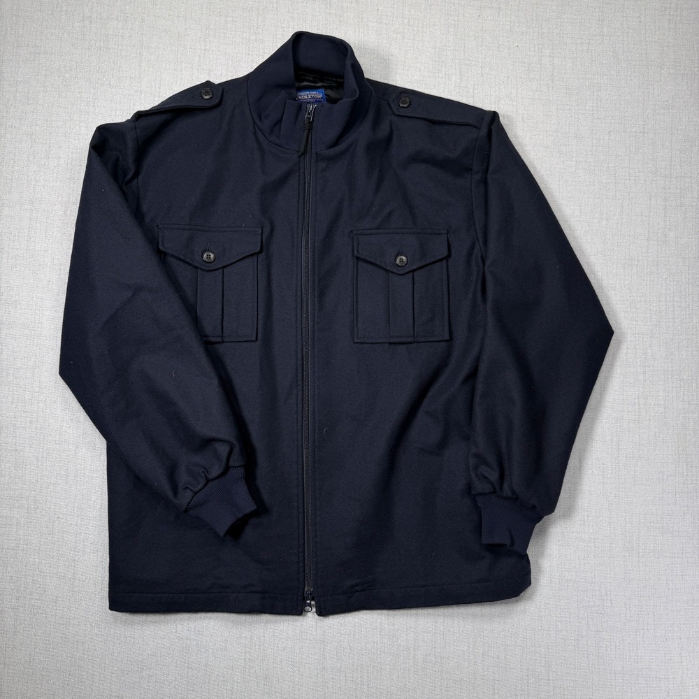 Pendleton Jacket Military Style Navy Blue Wool Blend 2 Pocket Long Sleeve Size L